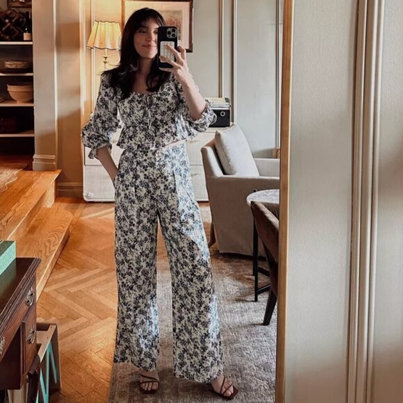 Chelsea & Violet Floral Wide Pants Button Fly Cotton Linen Blue White Women's 4 - Picture 1 of 9